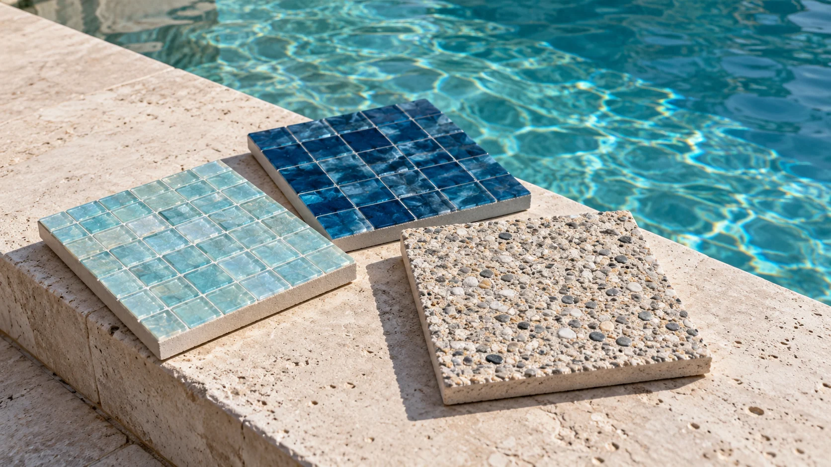 Pale aqua tile, deep blue tile and neutral aggregate finish samples rest on a dry pale-stone ledge beside pool water. Design concept.
