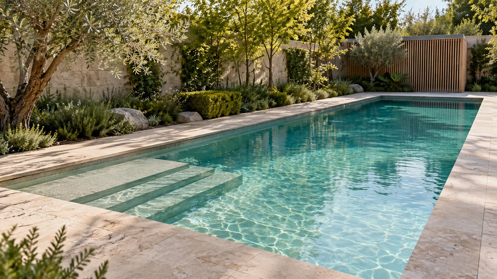 Pool design concept with a turquoise lap lane, broad shallow entry and a limestone deck beside discreet service access.